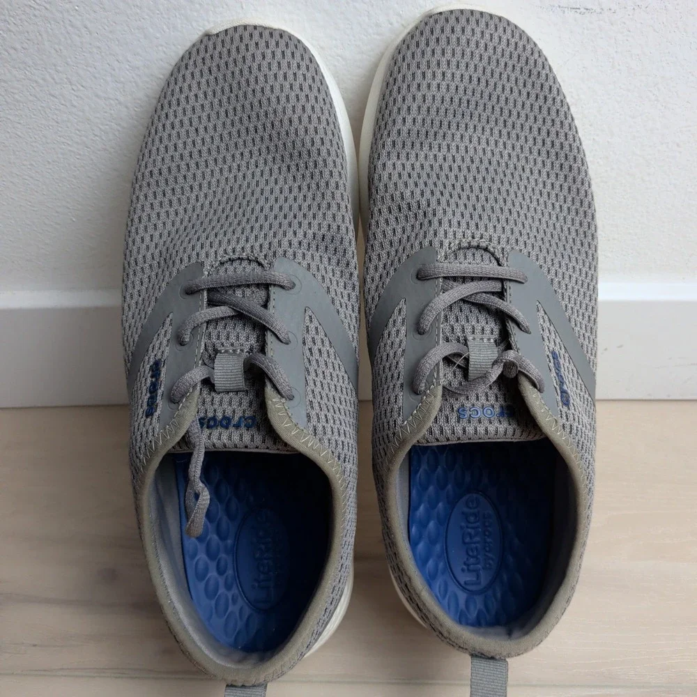 Crocs LiteRide Mesh Lace Up Shoes Mens 11 Grey White Comfort Sneakers 205678